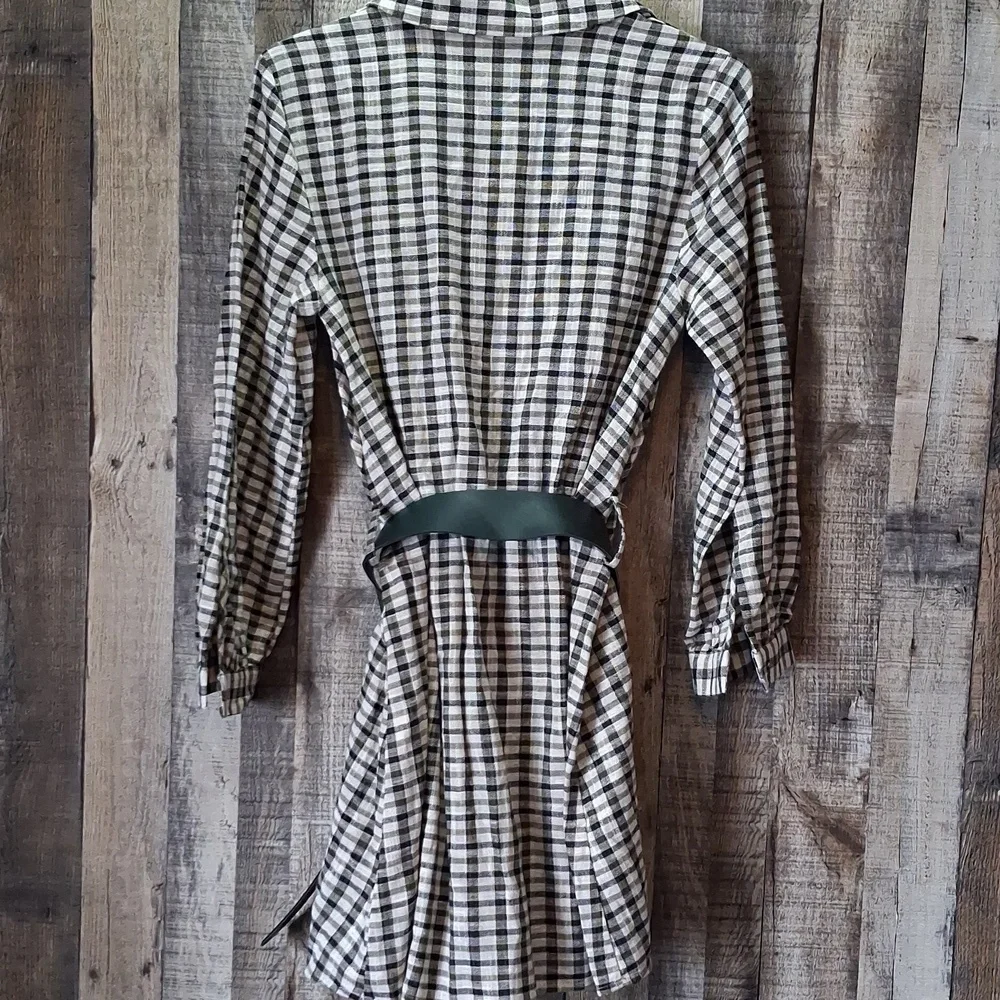 Zara Black & Cream Checked Mini Shirt Dress with Waist Belt Size XS NWT